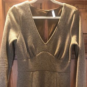 FREE PEOPLE V Neck Textured Skater Fit Flare Long Sleeve Mustard Brown Dress Med